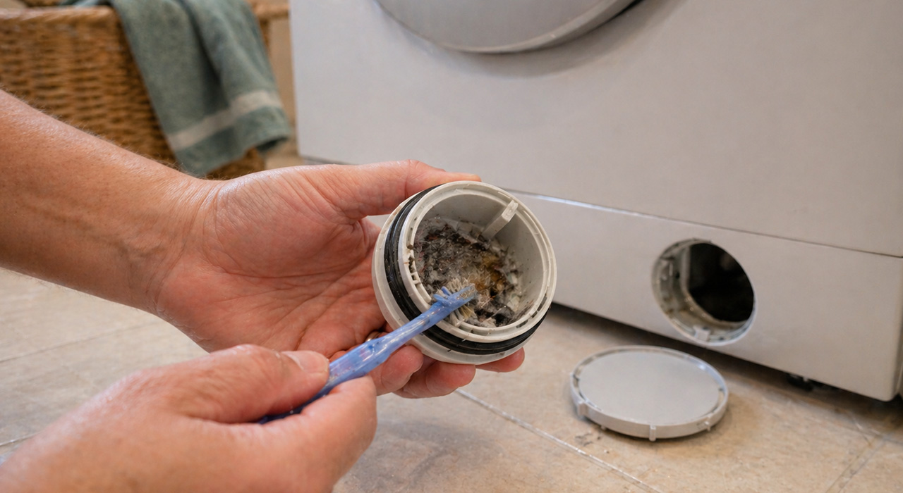 Appliance repair technician inspecting a washing machine in a home laundry room