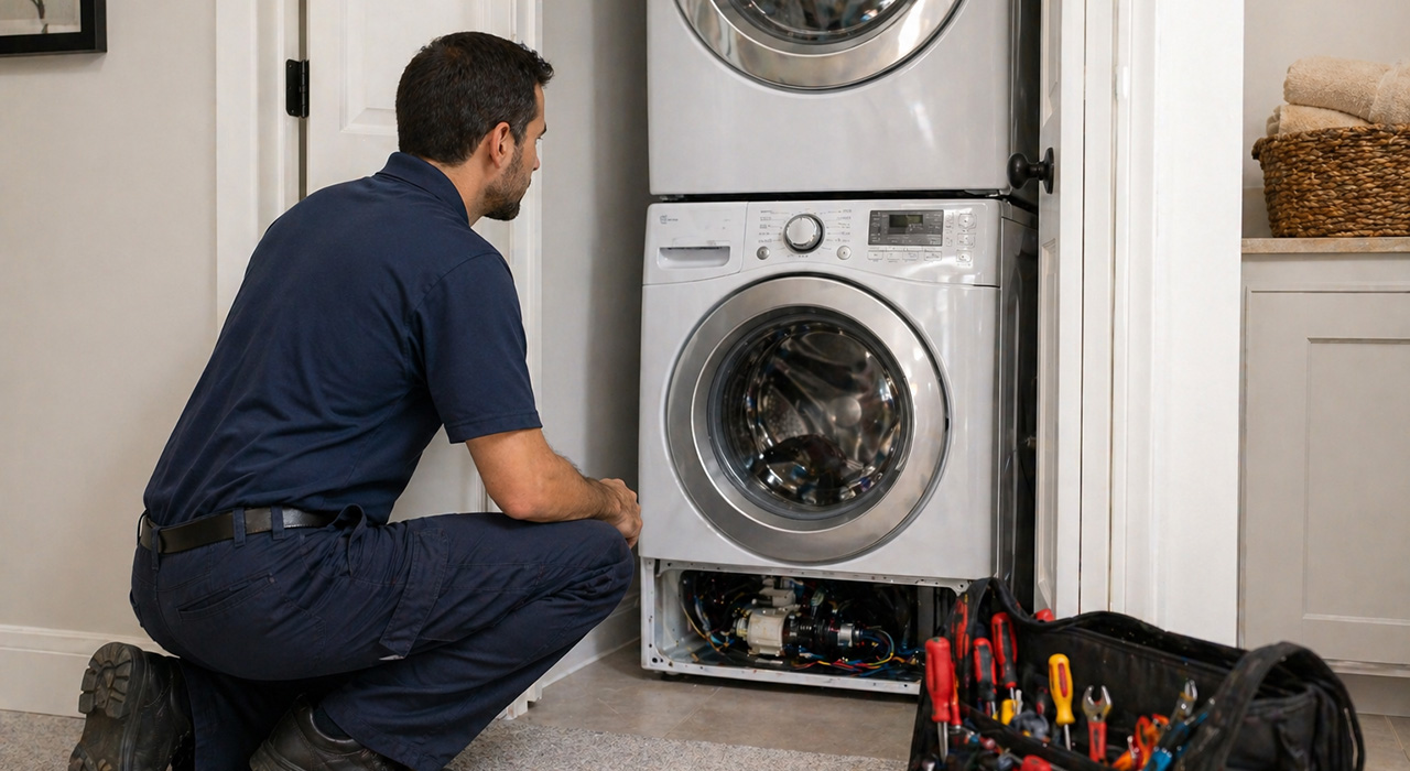 Appliance repair technician inspecting a stacked washer and dryer unit