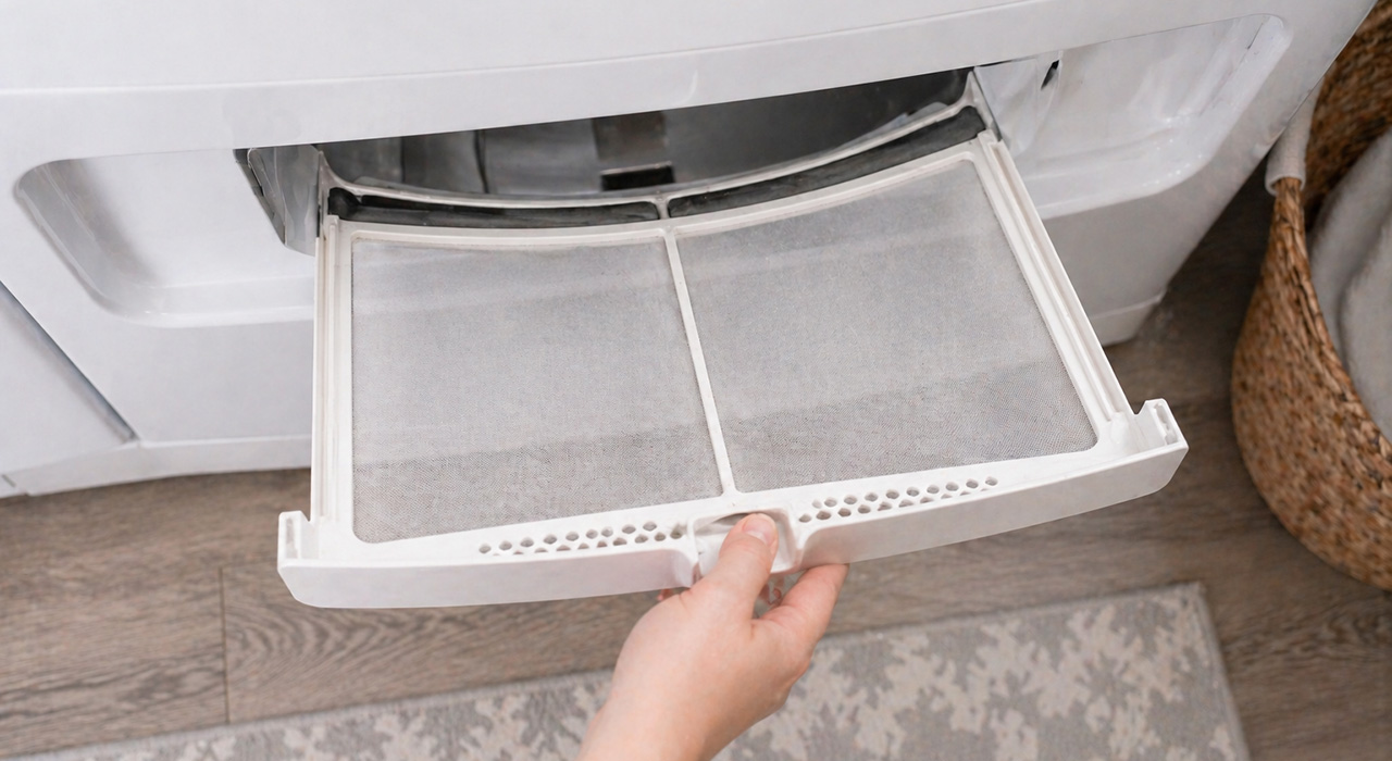 Clean dryer lint trap removed for inspection and cleaning