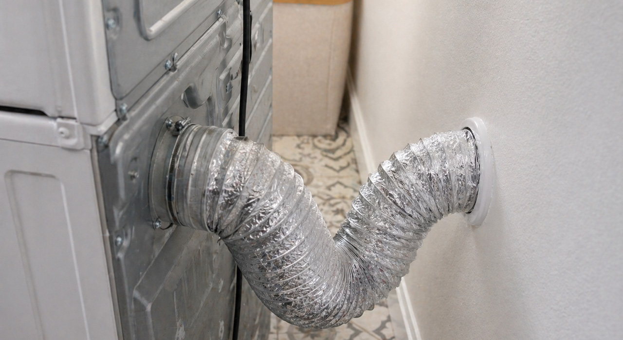 Dryer vent hose at the back of a stacked dryer unit