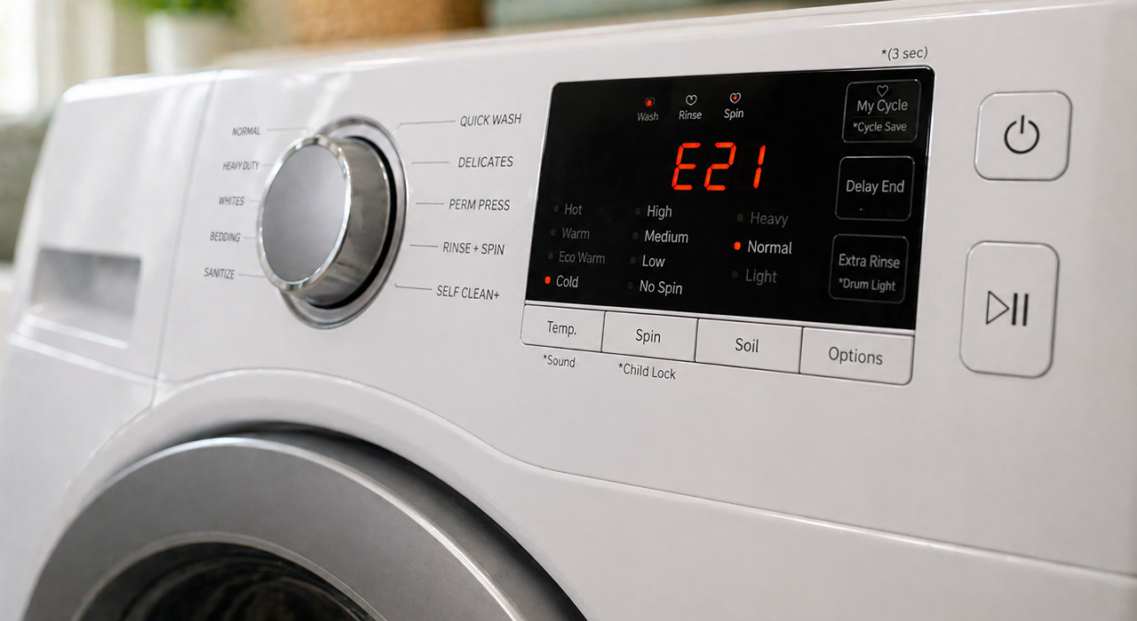 Front-load washer displaying an error code on the control panel