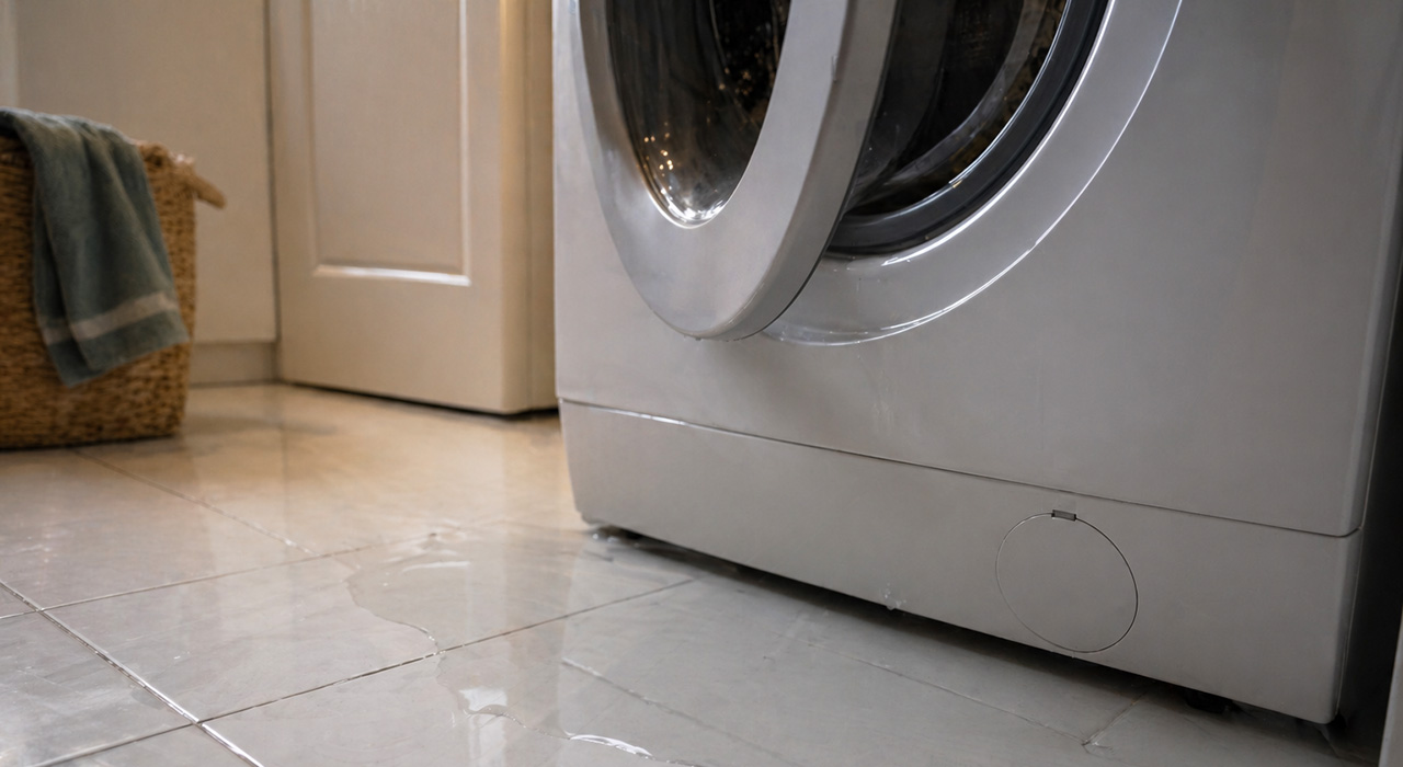Water leak on laundry room floor in front of a front-loading washer