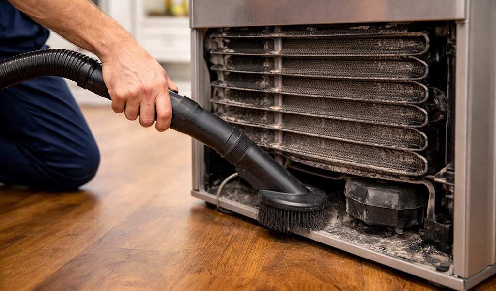 A person is using a vacuum cleaner with a brush attachment to clean around the base of a refrigerator, focusing on the area near the air vents and condenser coils to ensure optimal performance and proper cooling. This maintenance helps prevent issues such as ice buildup and ensures the refrigerator is cooling properly.